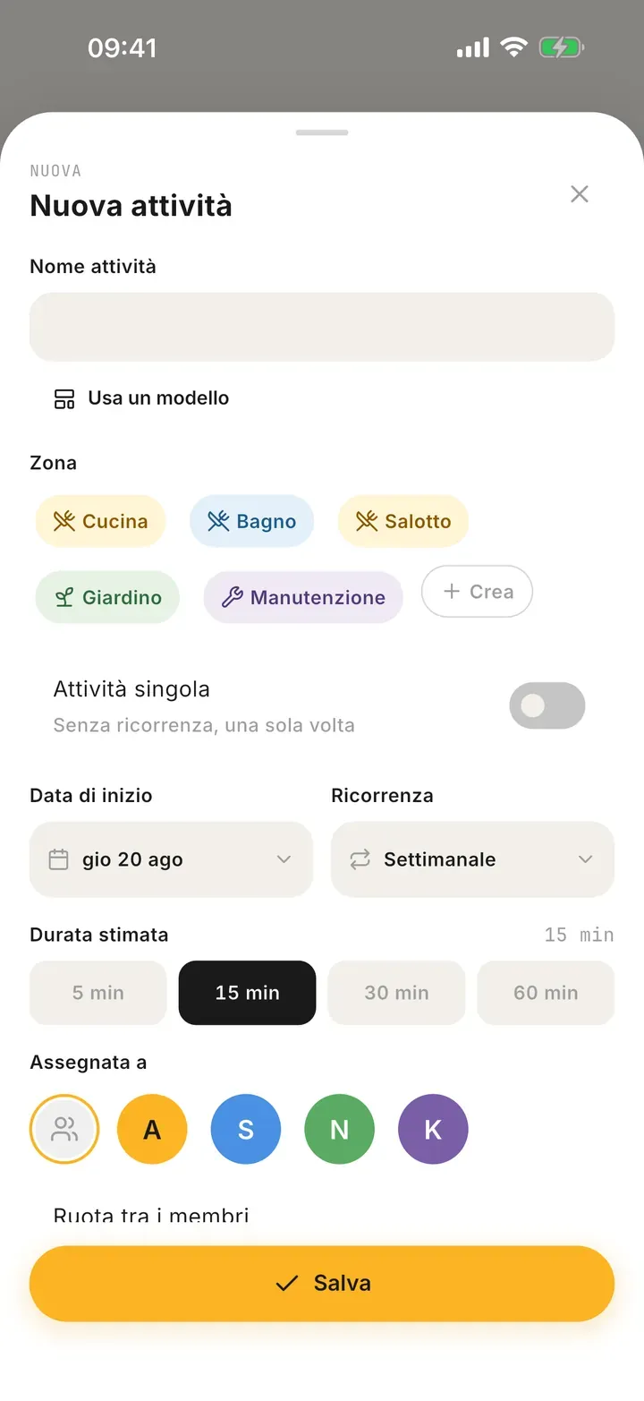 Creazione di una faccenda ricorrente in Bunkly: durata, zona e frequenza