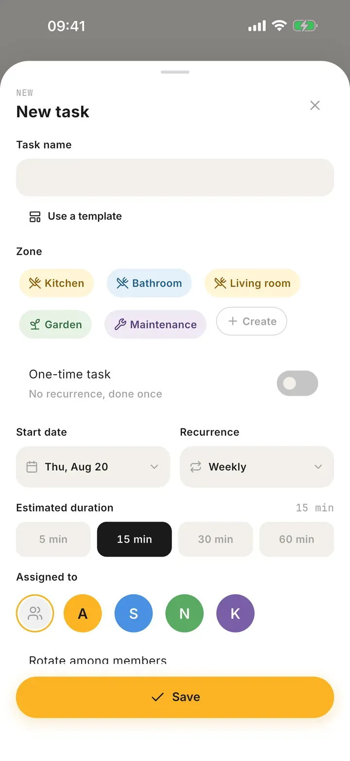 Creating a recurring chore in Bunkly: duration, zone and repeat frequency