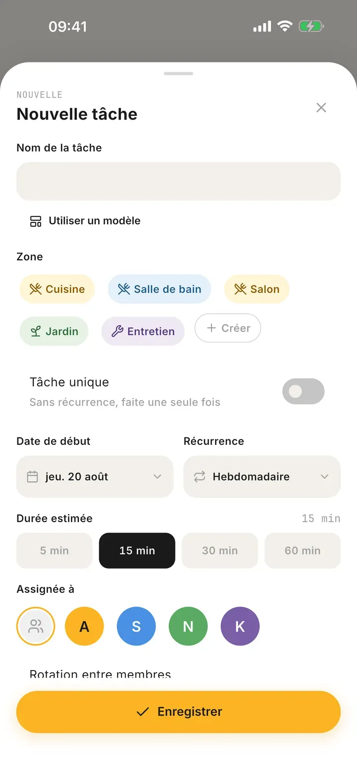 Création d'une tâche récurrente dans Bunkly : durée, zone et fréquence de répétition