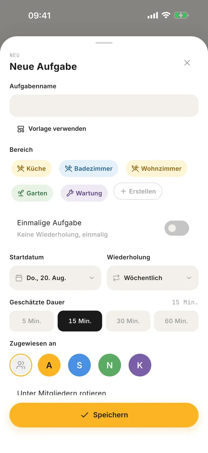 Wiederkehrende Aufgabe in Bunkly anlegen: Dauer, Bereich und Wiederholung
